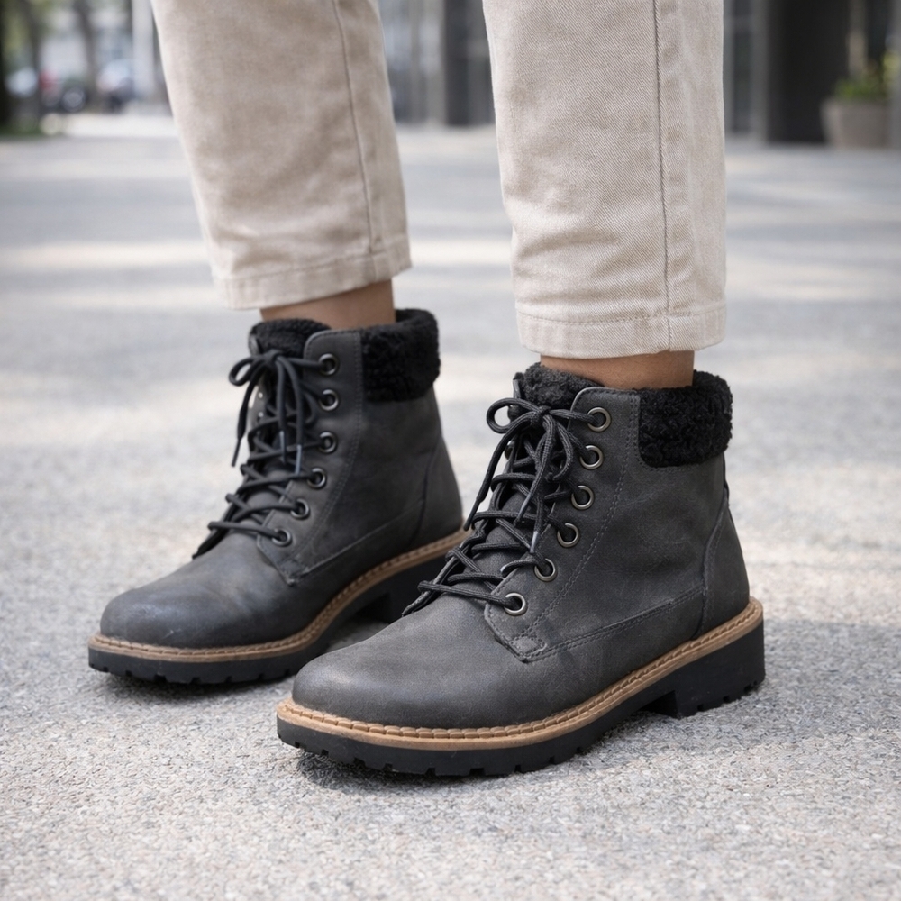 Esprit Lace-Up Ankle Boots | Gray PU Leather, Faux Fur Lined, Lug Sole, Cozy Win